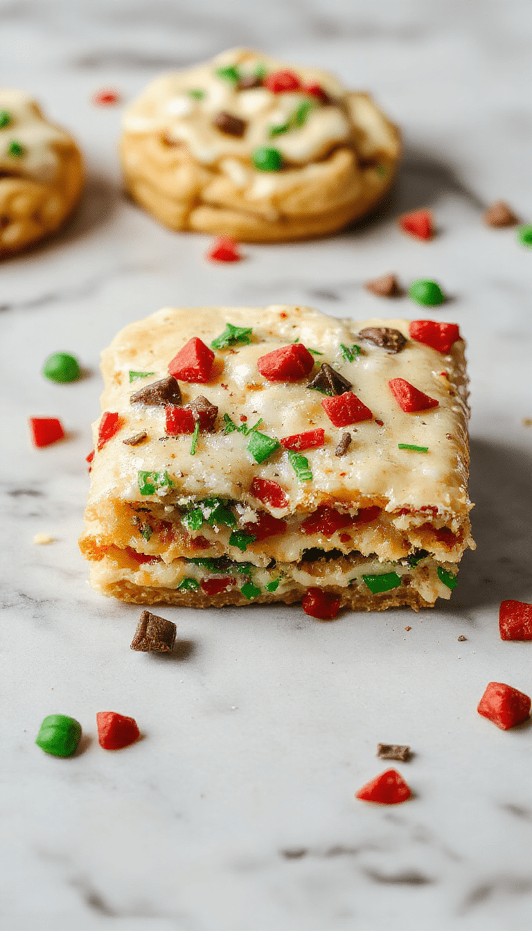 A colorful Christmas cookie lasagna dessert layered in a clear glass dish, featuring vibrant red and green holiday sprinkles, creamy white frosting, and chocolate cookie crust, beautifully styled with holiday ornaments in the background