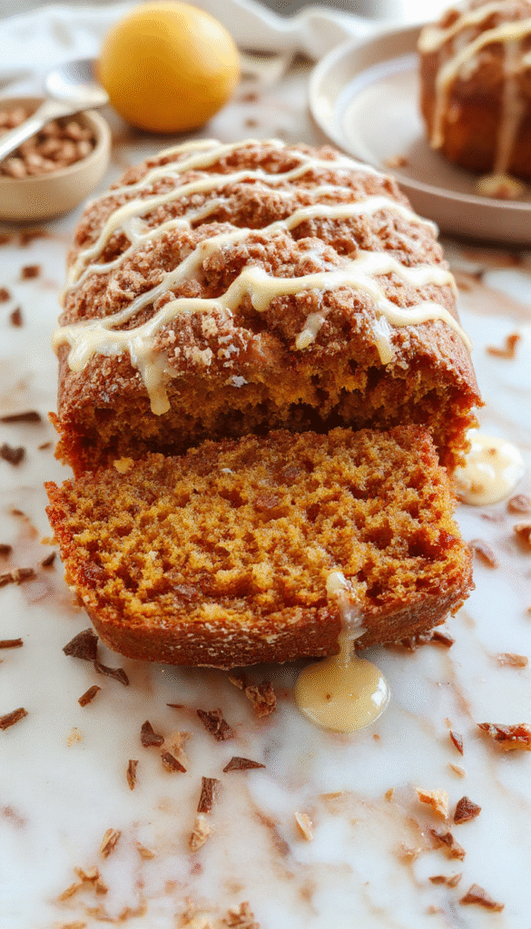 A sliced loaf of Florida Orange Juice Pumpkin Bread topped with golden streusel and drizzled with vibrant orange glaze, displayed on a rustic wooden board with fresh orange slices and a cup of coffee in the background. The bread showcases a moist, crumbly texture with a glossy finish from the glaze and a crunchy streusel topping, styled for a cozy autumn breakfast.