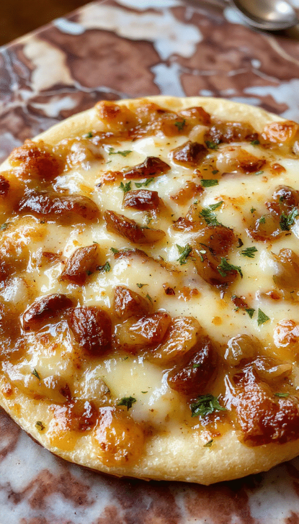 A close-up of a rustic French Onion Soup Pizza topped with golden caramelized onions, bubbling melted cheese, and crispy crust on a wooden serving board with fresh herbs scattered around