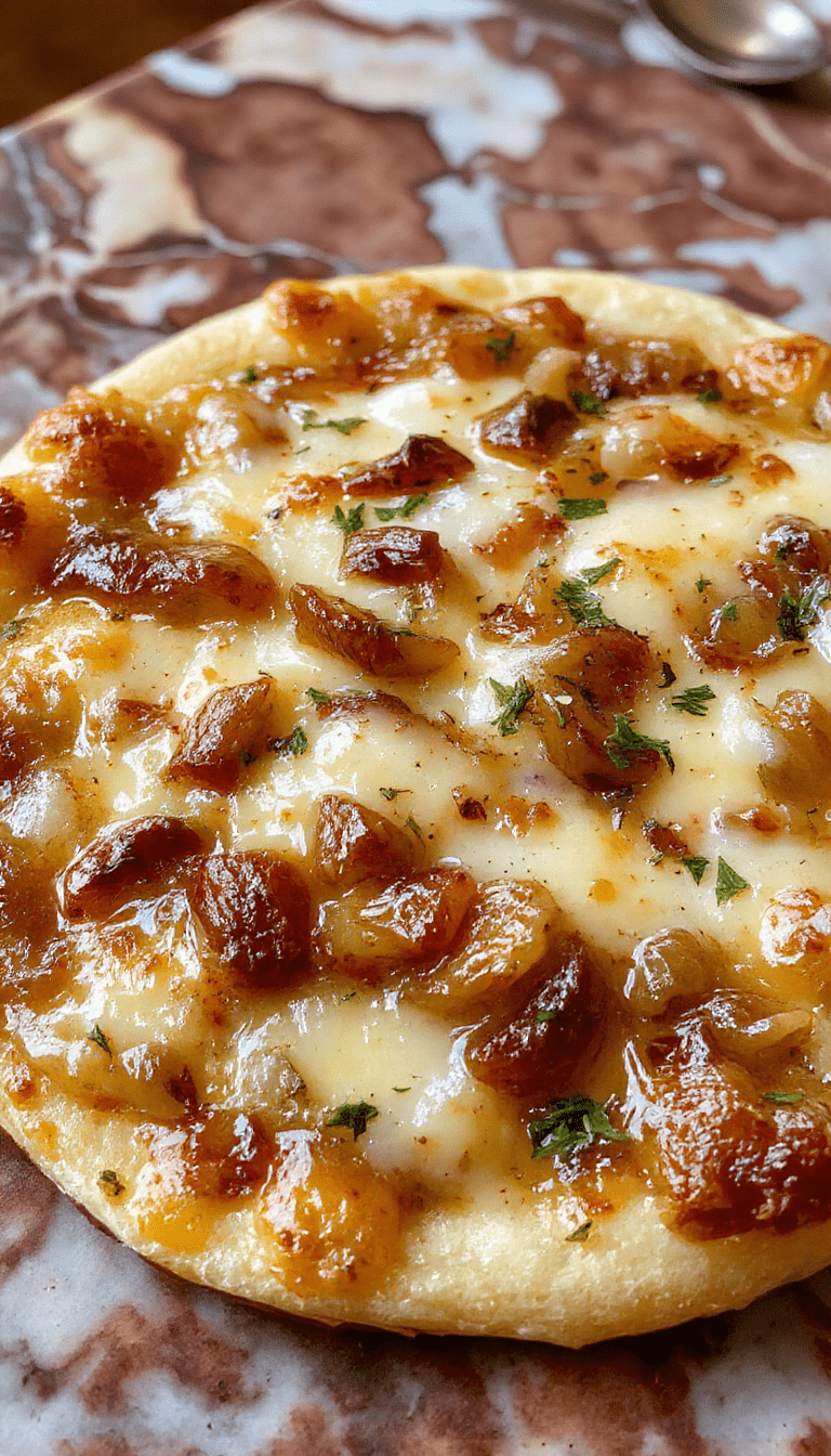 A close-up of a rustic French Onion Soup Pizza topped with golden caramelized onions, bubbling melted cheese, and crispy crust on a wooden serving board with fresh herbs scattered around