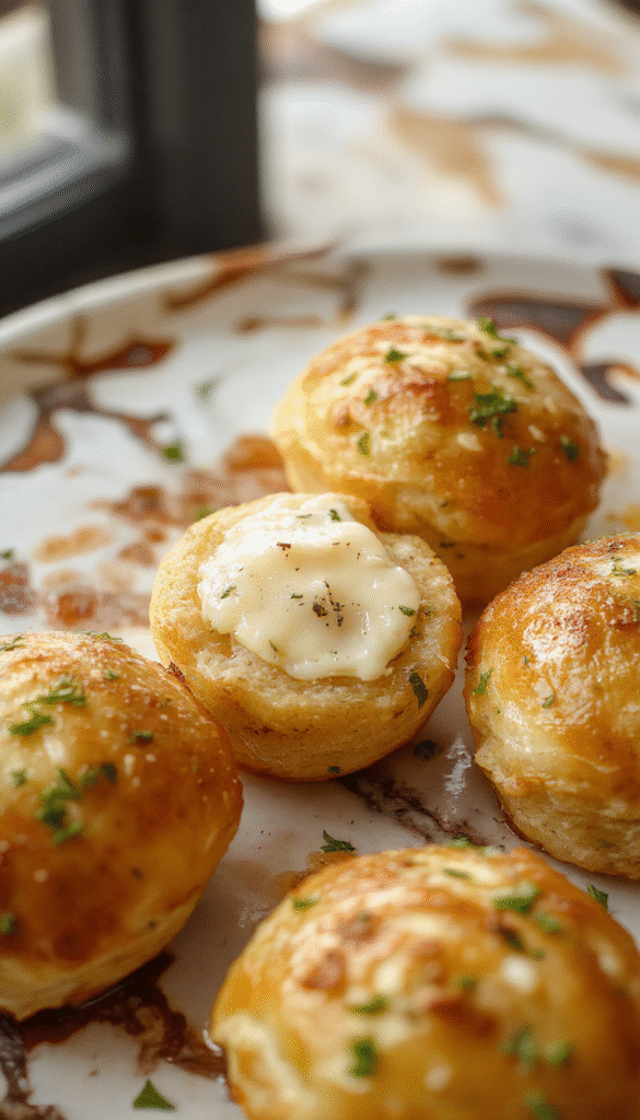 Golden-brown garlic butter bread rolls arranged on a rustic wooden platter, butter glistening on the crust, topped with fresh parsley, with a soft, airy interior visible from a slightly broken roll, accented by a neutral background and subtle lighting highlighting their texture.