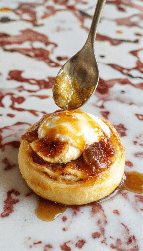 A close-up of a golden-brown baked brie wrapped in flaky puff pastry, topped with glossy honey and sliced fresh figs, plated on a rustic wooden board with a drizzle of honey, garnished with herbs, and styled for an inviting cheese platter.