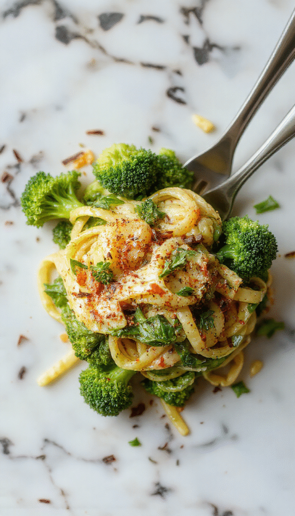 A vibrant plate of healthy broccoli pasta features al dente spaghetti topped with bright green broccoli florets, sprinkled with grated parmesan cheese and herbs. The dish is styled on a rustic wooden table with a fork twirling some pasta, capturing the colorful textures and fresh ingredients.