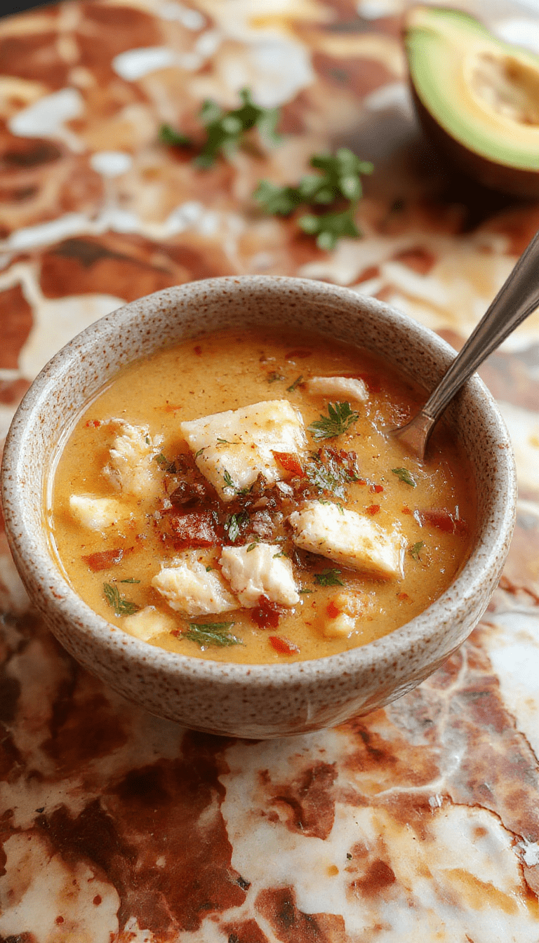 A steaming bowl of low carb chicken tortilla soup featuring shredded chicken, diced tomatoes, sliced jalapenos, and melted cheese, garnished with fresh cilantro and lime wedges on a rustic wooden table