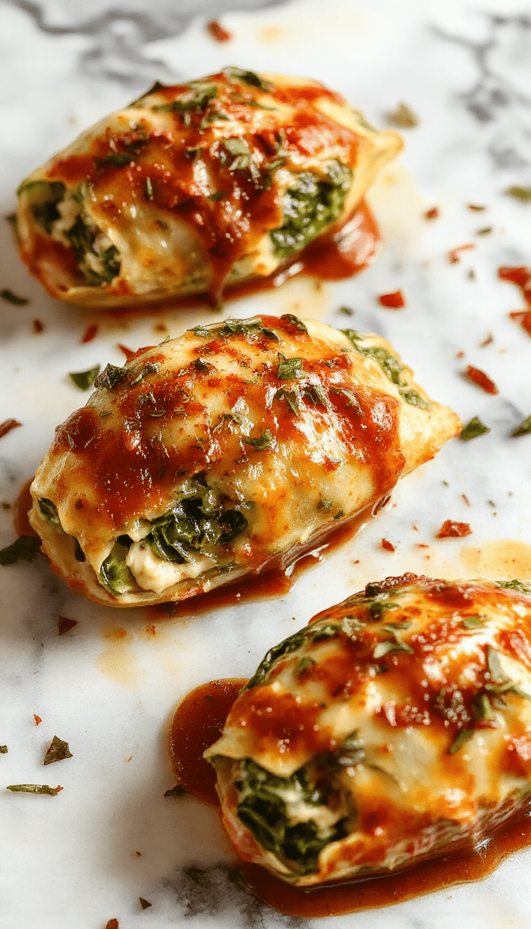 A vibrant plate featuring large cooked pasta shells filled with creamy ricotta and fresh spinach, topped with melted cheese and garnished with herbs, set on a rustic wooden table with a side of salad and a drizzle of olive oil.