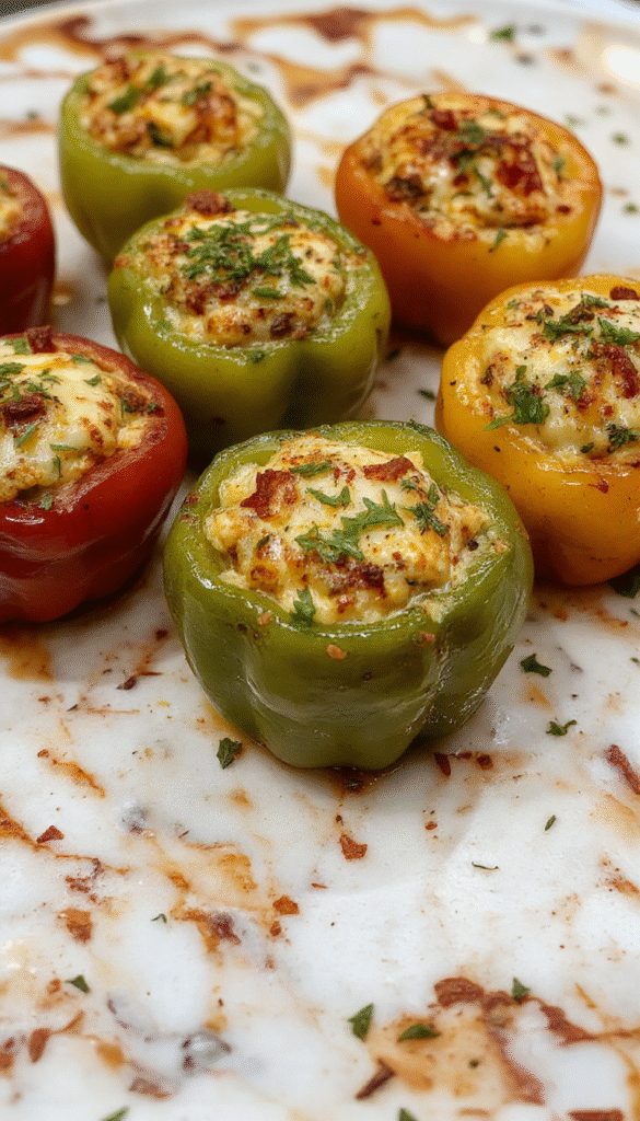 Colorful plate featuring vibrant stuffed bell peppers filled with seasoned rice, vegetables, and melted cheese, garnished with fresh herbs, all on a rustic wooden table