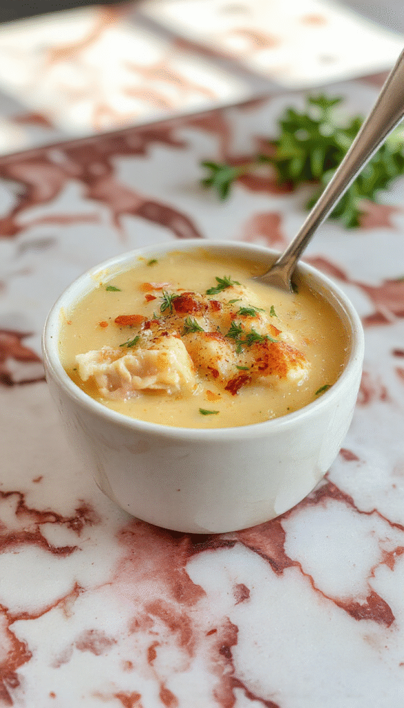 A bowl of creamy chicken pot pie soup topped with flaky golden pastry crumbles, garnished with chopped parsley and accompanied by warm bread on a rustic wooden table.
