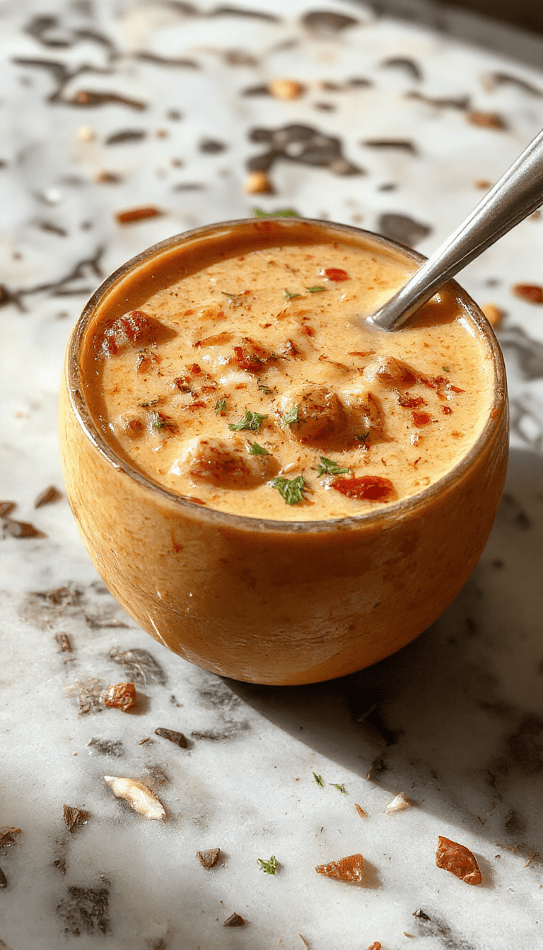 A steaming bowl of creamy cowboy soup topped with fresh chopped herbs, served with crusty bread on a rustic wooden table, highlighting the rich textures and colorful ingredients like corn, beans, and tender beef pieces.