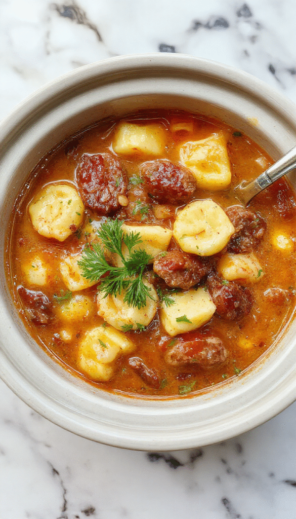 A warm, colorful bowl of tortellini soup topped with slices of sausage, fresh herbs, and grated cheese, set on a rustic wooden table with a spoon and napkin nearby, steam rising, vibrant ingredients visible.