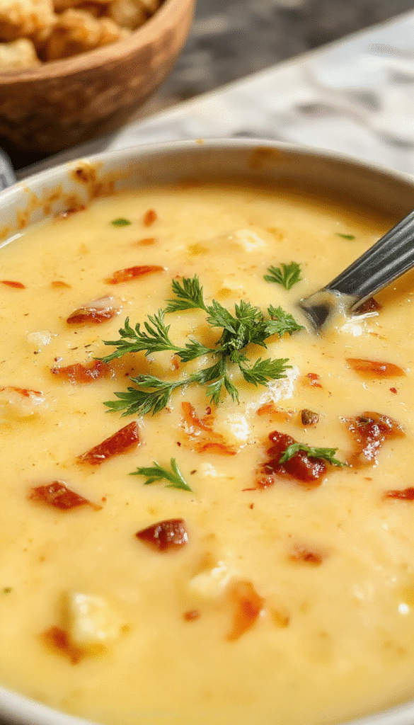 A steaming bowl of Italian Penicillin Soup showcasing a vibrant, hearty broth filled with tender chicken, colorful vegetables, and herbs, garnished with fresh basil. The bowl sits on a rustic wooden table with a spoon resting beside it, inviting warmth and comfort. The soup's rich texture and aromatic herbs create a cozy, inviting scene.
