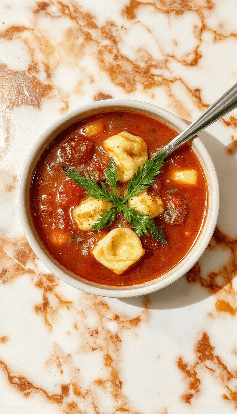 A vibrant bowl of tomato tortellini soup featuring plump tortellini swimming in a rich, red tomato broth, garnished with fresh basil and grated cheese, with colorful vegetables and a rustic wooden table background.