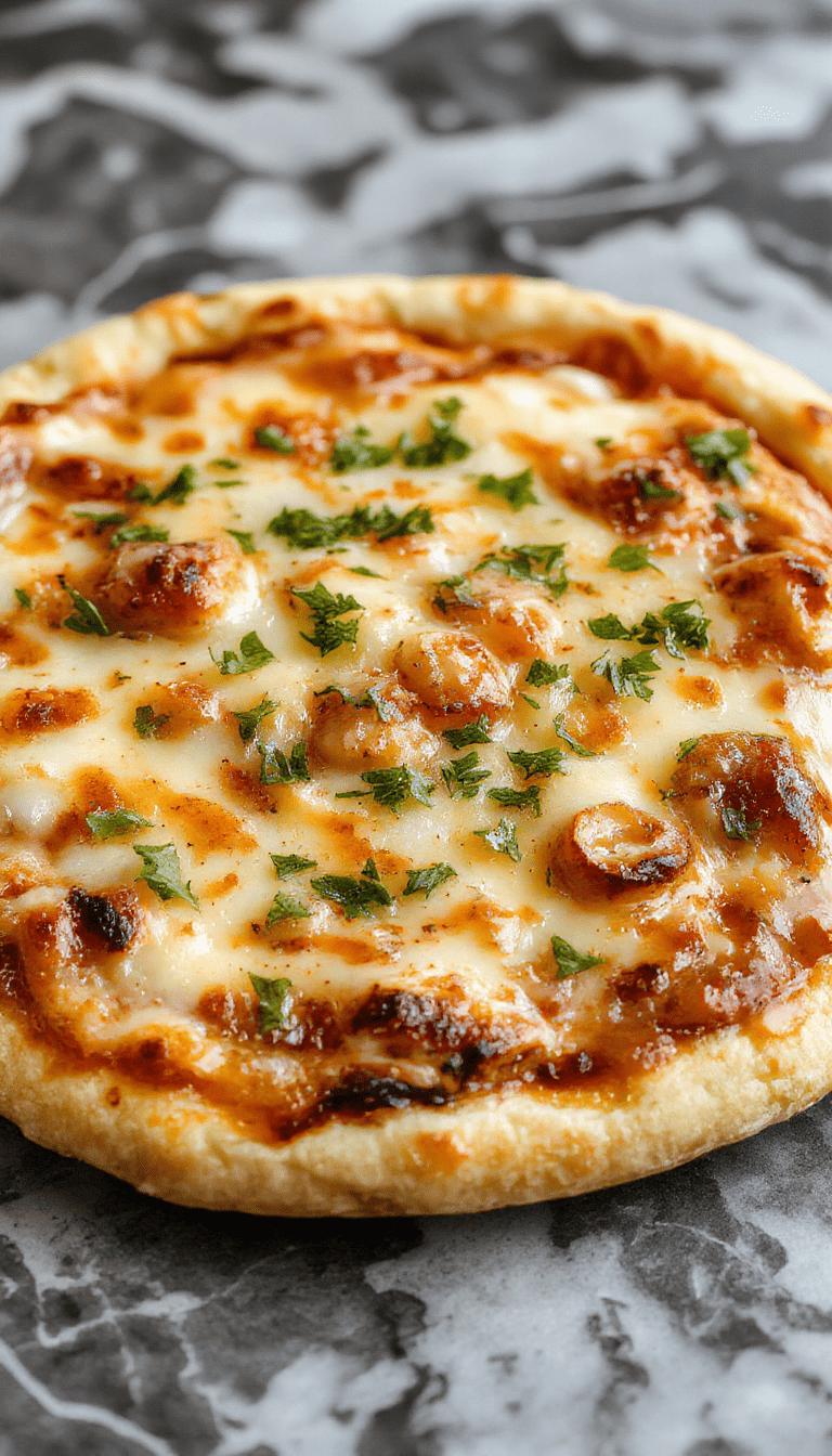 A slice of French Onion Soup Pizza on a rustic wooden board, topped with caramelized onions, melted cheese, and crispy crust garnished with fresh herbs, vibrant golden brown with bubbling cheese and tender onions.