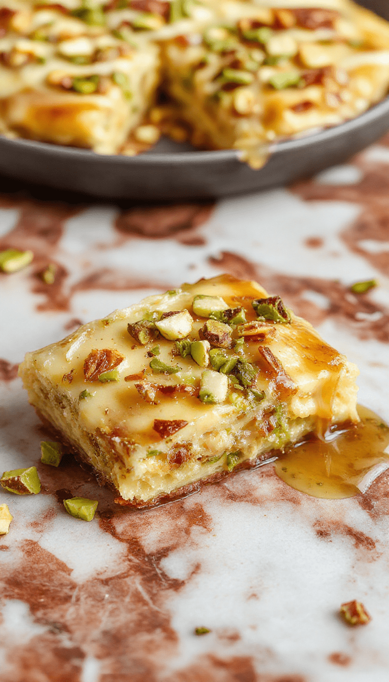 A luscious honey pistachio baklava cheesecake topped with a drizzle of honey, chopped pistachios, and golden brown phyllo crust slices on a rustic plate, styled with fresh pistachios and honey drizzle, vibrant colors and crispy textures.