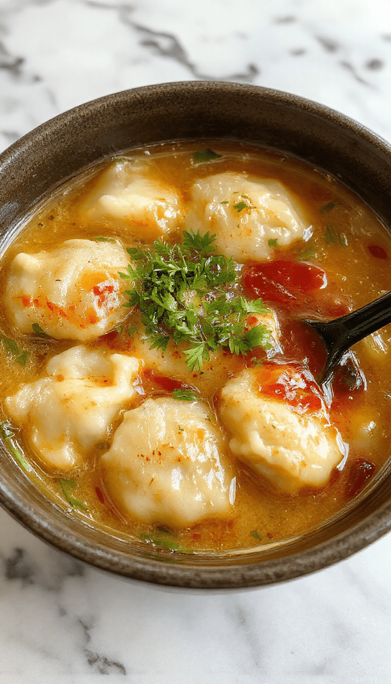 A steaming bowl of Japanese gyoza soup showcasing golden-brown dumplings floating in a clear broth garnished with sliced green onions and shredded carrots, served in a traditional white bowl with a dark wooden table background