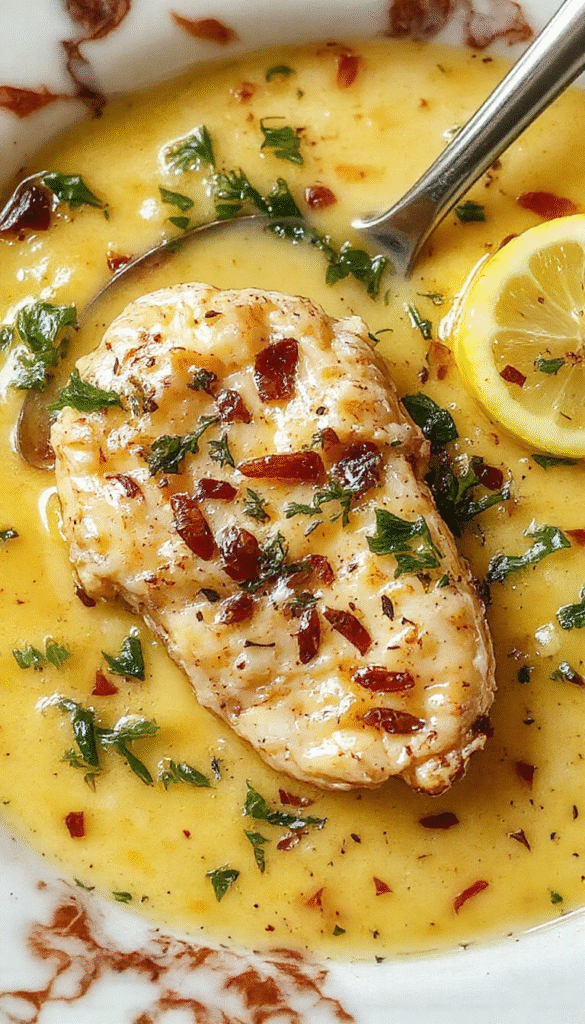 A steaming bowl of Lemon Chicken Piccata Soup featuring tender chicken slices, bright yellow lemon slices, capers, and fresh herbs on a rustic wooden table, garnished with parsley, showcasing a vibrant and inviting presentation with a rich broth and colorful ingredients.