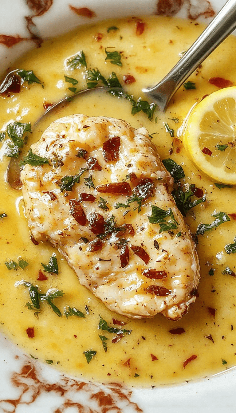 A steaming bowl of Lemon Chicken Piccata Soup featuring tender chicken slices, bright yellow lemon slices, capers, and fresh herbs on a rustic wooden table, garnished with parsley, showcasing a vibrant and inviting presentation with a rich broth and colorful ingredients.