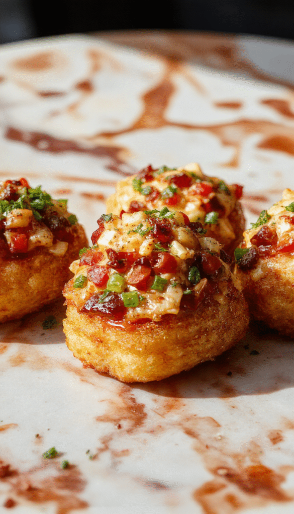 A vibrant plate of loaded tater tot appetizers featuring golden crispy tots topped with melted cheese, chopped bacon, green onions, and a dollop of sour cream. The colorful toppings contrast against the crunchy golden tots, styled on a rustic wooden platter with fresh herbs as garnish.