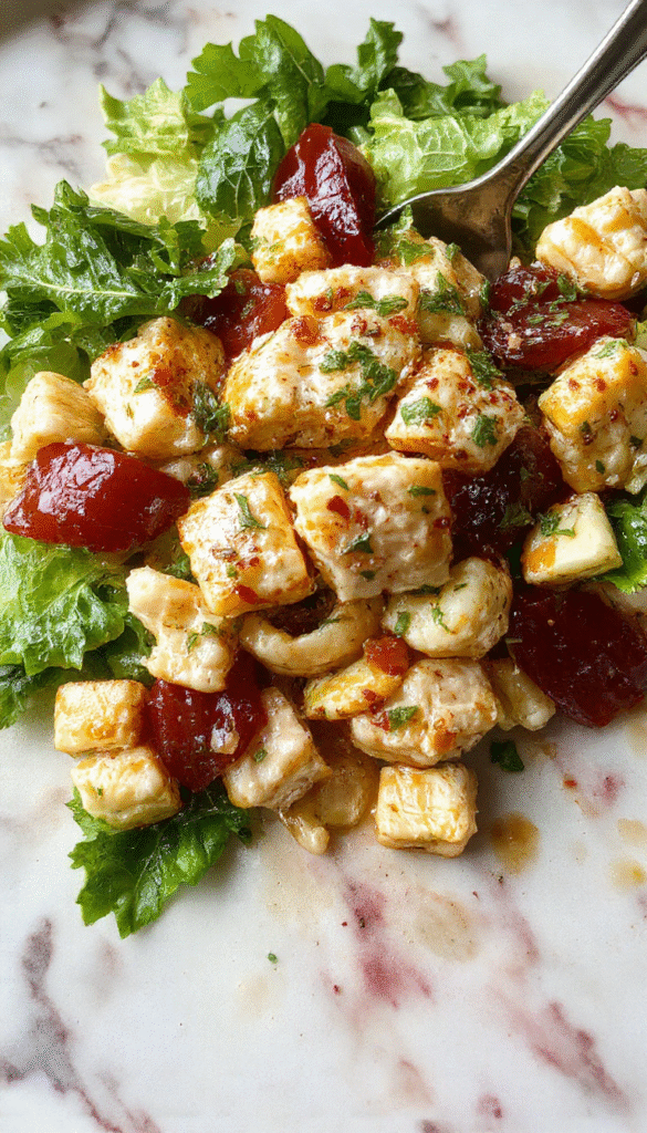 Colorful Mediterranean Chicken Pasta Salad served on a white plate, featuring tender grilled chicken, spiral pasta, vibrant cherry tomatoes, cucumber slices, black olives, crumbled feta cheese, drizzled with olive oil and garnished with fresh herbs, styled with a rustic wooden background