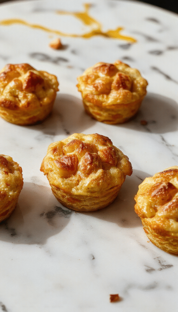 Colorful mini apple pies arranged in a shiny muffin tin, golden crust edges, filled with spiced apple chunks, topped with a sprinkle of sugar, styled on a rustic wooden surface with cinnamon sticks and fresh apples nearby
