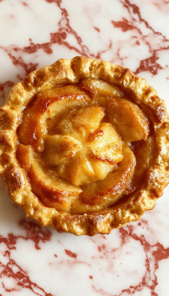 A golden-brown homemade apple pie with a flaky crust, sliced open to reveal a warm, cinnamon-spiced apple filling and a lattice top, styled on a rustic wooden surface with a dusting of powdered sugar and fresh apple slices beside it.