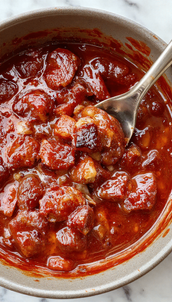 A vibrant, steaming pot with a freshly scraped clean bottom showing remnants of a hearty, savory dish. The dish features tender chunks of meat, vegetables, and flavorful sauce, served in a rustic pot on a wooden table. The presentation emphasizes the delicious, satisfying nature of the meal with a warm, inviting atmosphere and colorful ingredients.