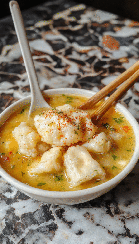 A steaming bowl of wonton soup featuring golden-brown wontons, vibrant green scallions, and a clear, savory broth in a white ceramic bowl on a rustic wooden table, with a pair of chopsticks resting on the side and fresh ingredients in the background