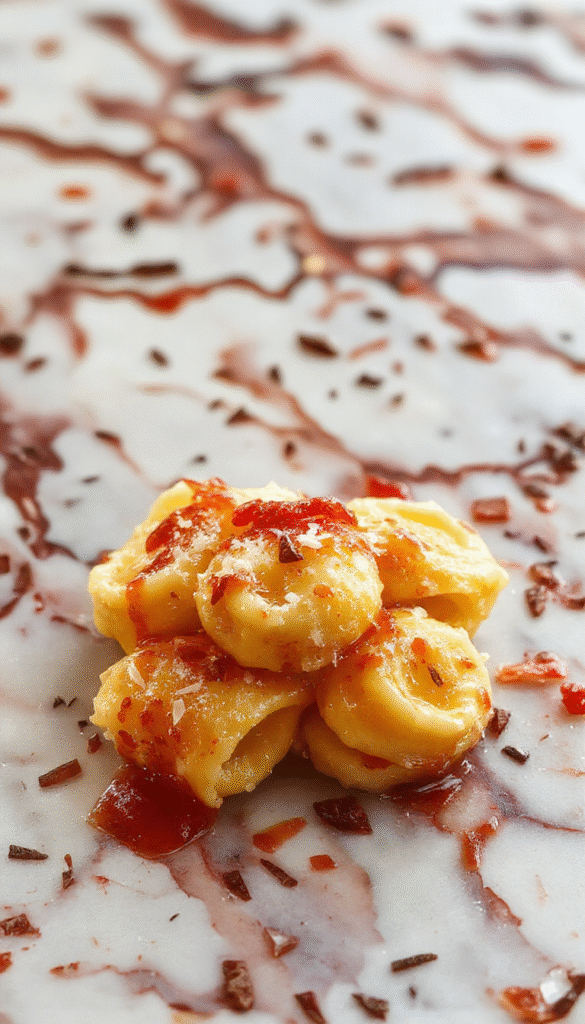 A vibrant plate of tortellini pasta with fresh herbs and a rich creamy sauce, garnished with grated cheese and sprinkled with basil, styled elegantly on a white plate against a rustic wooden background.