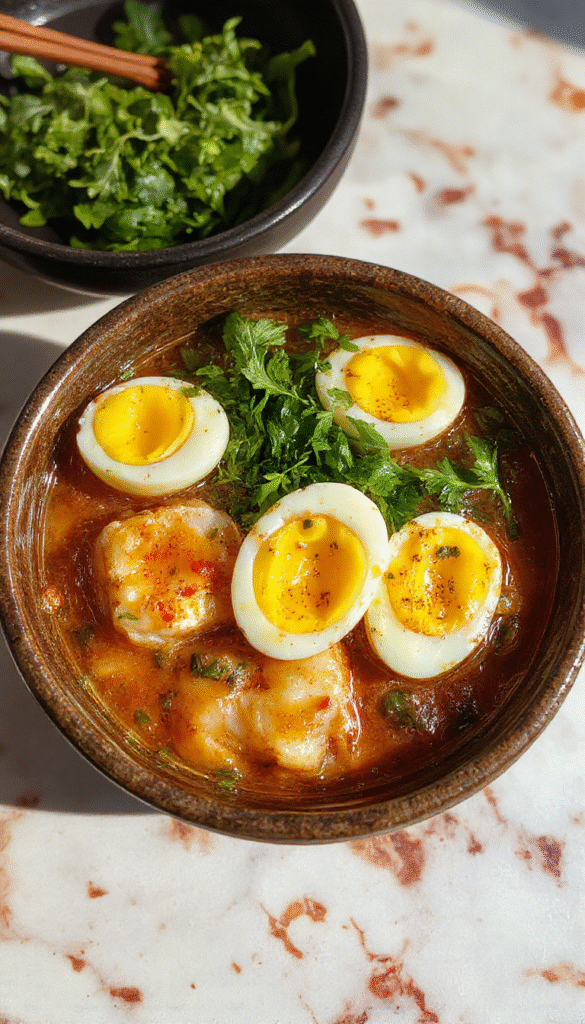 A vibrant bowl of ramen featuring thick noodles submerged in steaming broth, topped with soft-boiled eggs with runny yolks, fresh green leaves, sliced vegetables, and sesame seeds, arranged in a rustic ceramic bowl with a pair of chopsticks resting on the side, vibrant colors and textures highlighting the hearty and fresh ingredients.