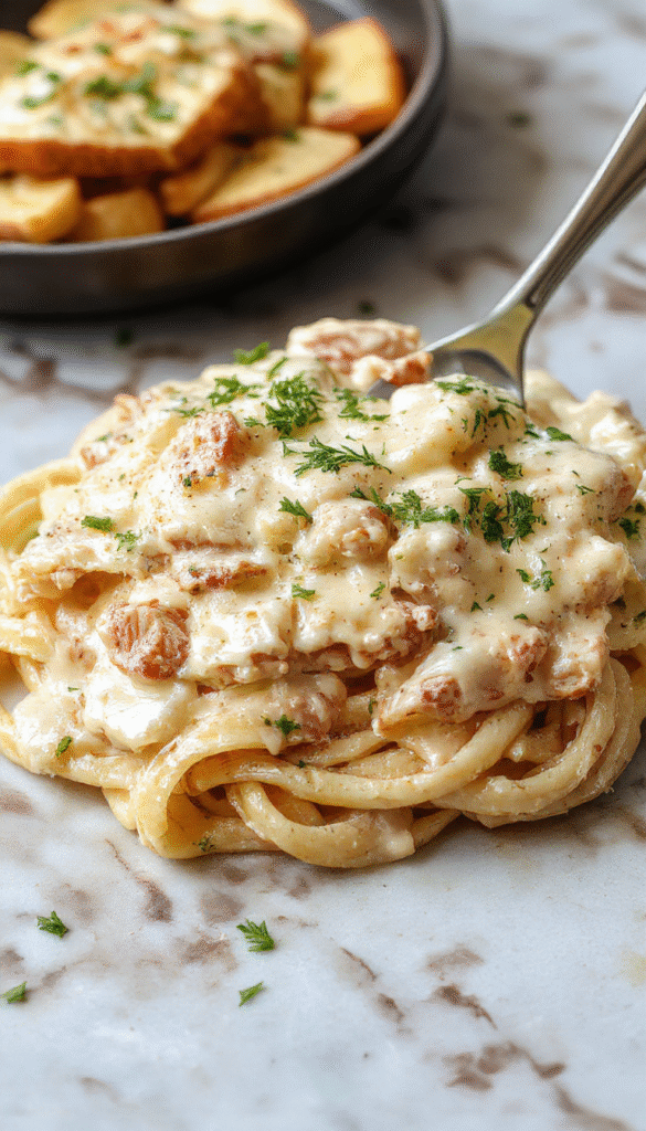 A close-up of a creamy chicken Alfredo dish served on a white plate, featuring tender chicken slices coated in rich, velvety Alfredo sauce, garnished with freshly chopped parsley, with a backdrop of uncooked spaghetti and grated Parmesan, styled with a drizzle of sauce and lemon wedge, bright lighting highlighting the glossy texture.