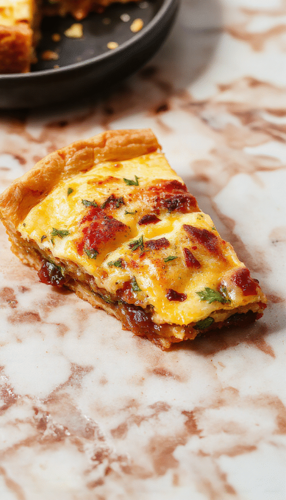 A golden-brown breakfast quiche sliced open on a rustic wooden table, showing a fluffy, cheesy filling with spinach and ham, surrounded by fresh herbs and cherry tomatoes, styled simply with a fork on the side.