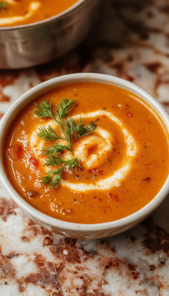A vibrant bowl of roasted tomato soup garnished with fresh basil leaves, served on a rustic wooden table. The soup has a rich red color, with a smooth velvety texture, topped with a drizzle of olive oil and a sprinkle of herbs. Surrounding the bowl are roasted cherry tomatoes and garlic, highlighting the fresh ingredients used in the dish.