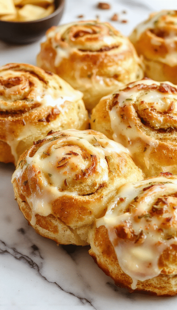 A close-up of warm, freshly baked breakfast rolls with golden-brown crust on a rustic wooden table, topped with a pat of melting butter and garnished with fresh herbs, with a soft, fluffy interior visible through a slightly torn roll, styled with a linen cloth and a cup of coffee in the background.