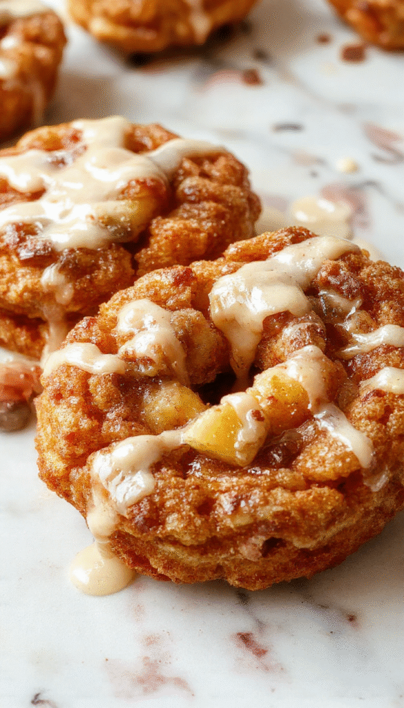 Golden brown baked apple fritters arranged on a white plate topped with a glossy caramel glaze, garnished with cinnamon powder and served alongside fresh apple slices, with a rustic wooden table background.