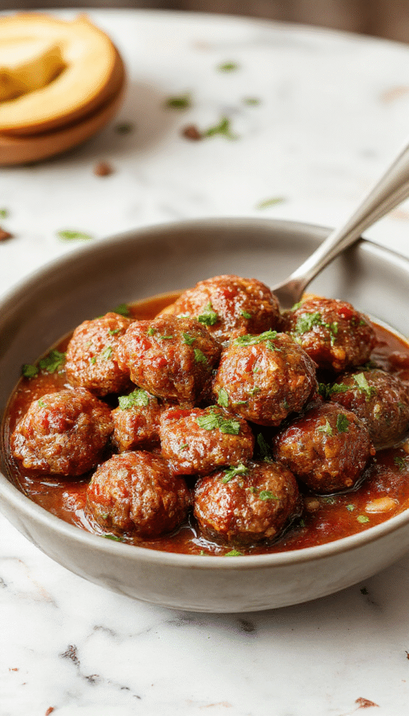 A bowl of golden-brown meatballs coated in glossy sweet chili sauce, garnished with chopped green onions and sesame seeds, served on a rustic wooden platter with vibrant red and green chili peppers around, styled in a cozy kitchen setting