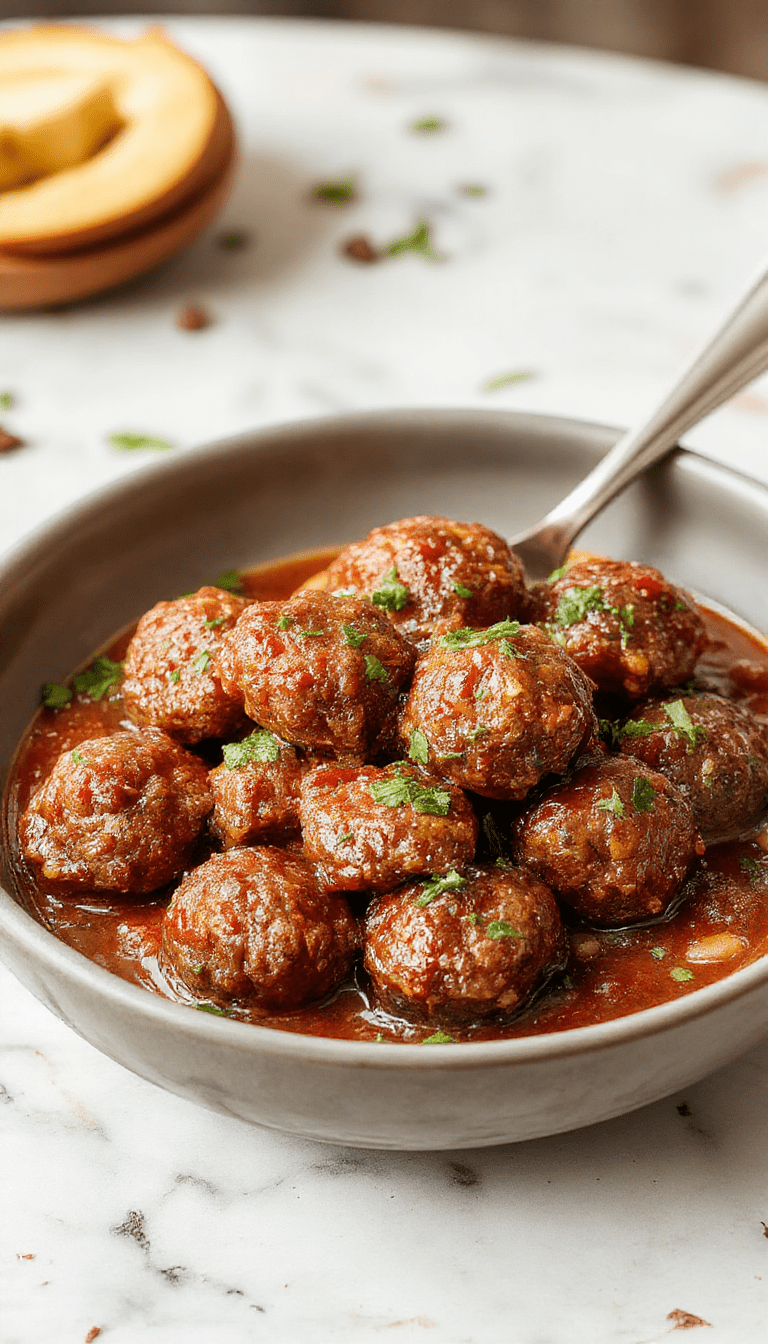 A bowl of golden-brown meatballs coated in glossy sweet chili sauce, garnished with chopped green onions and sesame seeds, served on a rustic wooden platter with vibrant red and green chili peppers around, styled in a cozy kitchen setting
