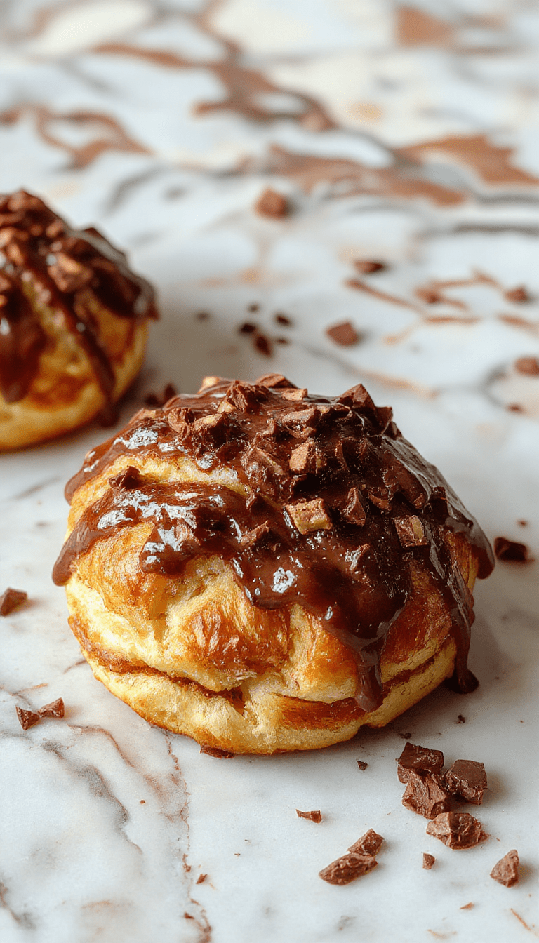 A close-up of a golden-brown chocolate croissant breakfast bake sliced open to reveal gooey melted chocolate and flaky croissant layers, served on a rustic white plate with a dusting of powdered sugar and fresh berries on the side, soft natural lighting highlights the textures and rich colors.