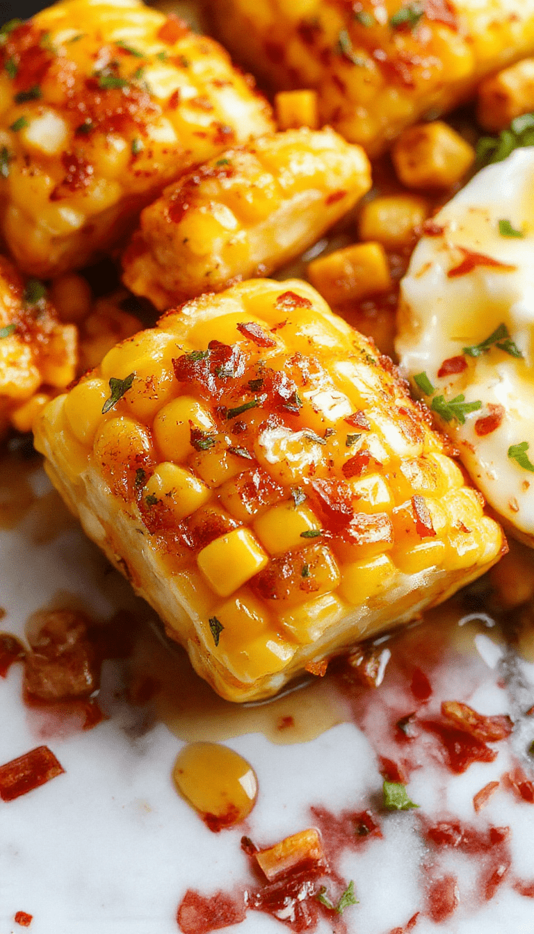 A vibrant skillet filled with golden yellow sweet corn kernels coated in glossy honey butter. The corn is garnished with sprigs of fresh herbs and served in a rustic cast iron skillet. The background features a wooden table with a light-colored cloth and a small jar of honey, emphasizing warm, inviting colors, and textures.