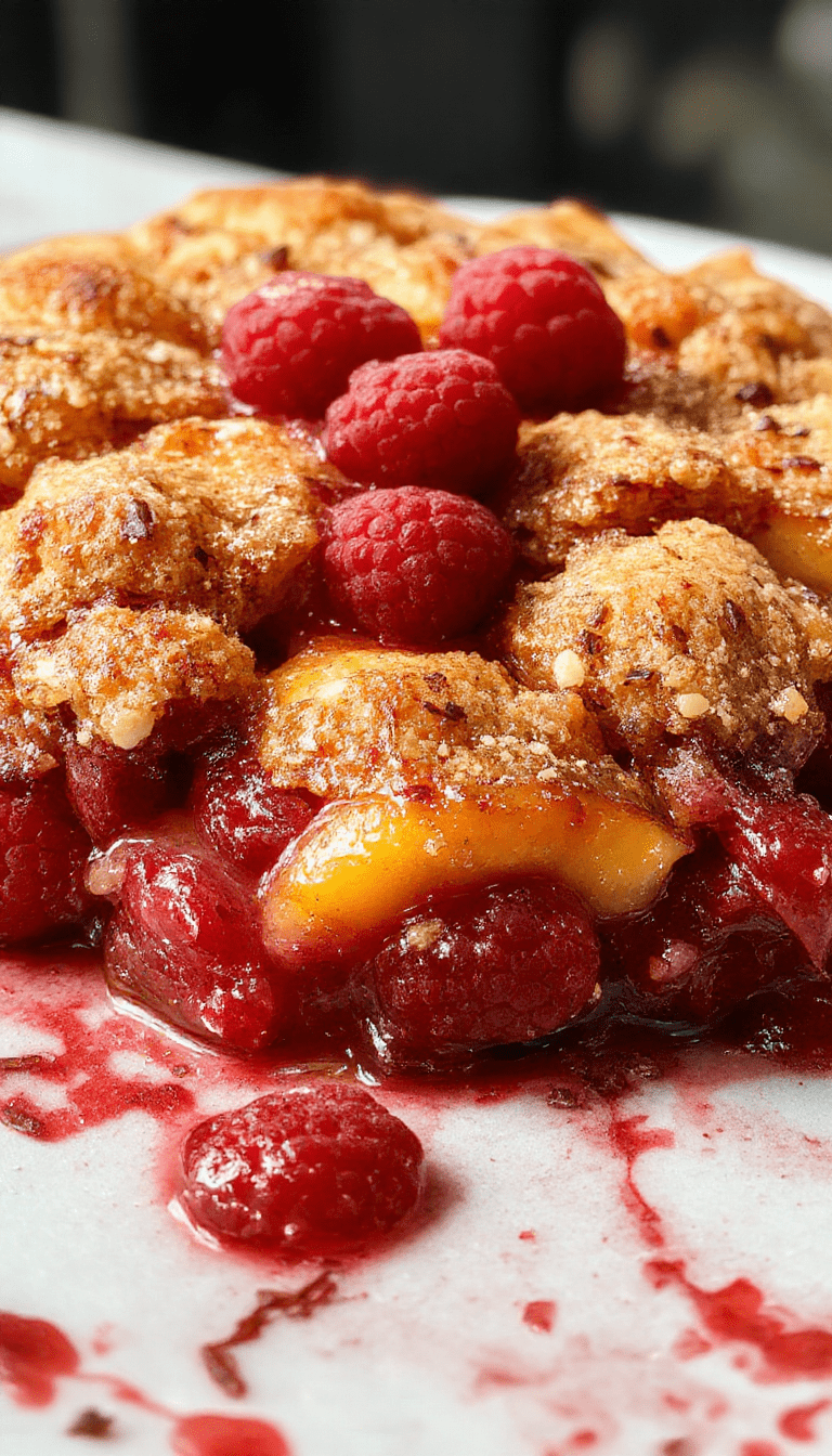 A vibrant bowl of peach and raspberry cobbler topped with a golden, crumbly crust. Fresh peach slices and ripe raspberries are visible, with a scoop of melting vanilla ice cream on the side, sprinkled with powdered sugar, styled on a rustic wooden table with a soft-focus background.