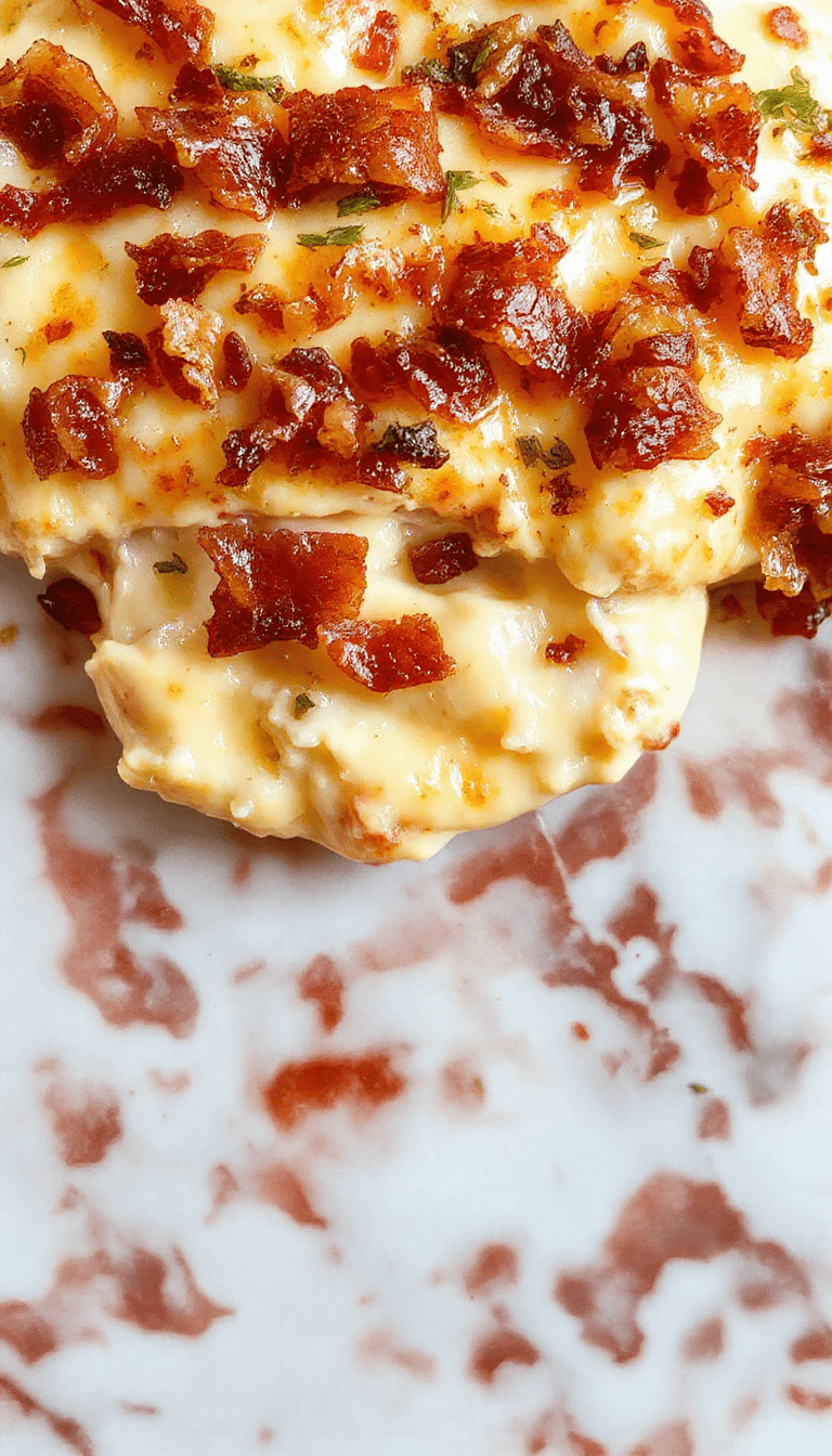 A creamy cheese dip topped with crispy bacon pieces and drizzled with rich maple syrup, served in a rustic bowl with crackers and fresh herbs on a wooden table, showcasing a tempting combination of textures and flavors.