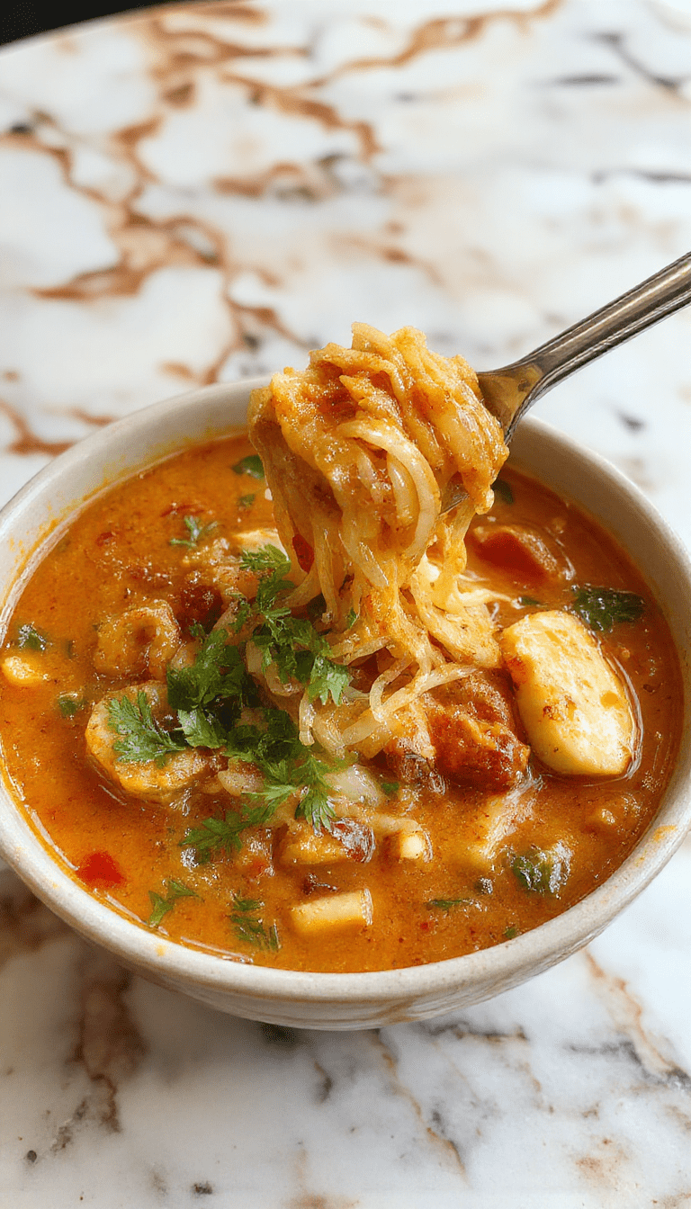 A vibrant bowl of Thai Red Curry Noodle Soup showcasing colorful ingredients such as red curry broth, rice noodles, fresh herbs, and vegetables, with a garnish of sliced red chili and lime wedges on a rustic wooden table.