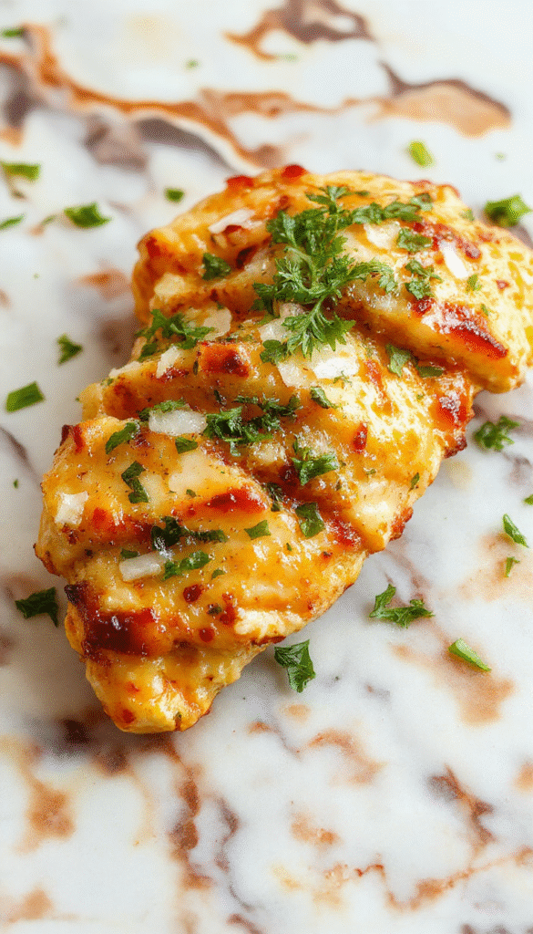 A vibrant plated dish featuring juicy shredded chicken coated in a rich coconut lime sauce, garnished with fresh lime slices and cilantro, presented on a white plate with a tropical background of palm leaves and coconut pieces, showcasing a colorful and inviting summer meal.