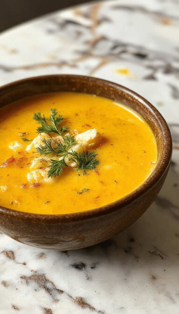 A vibrant bowl of turmeric chicken soup garnished with fresh herbs and lemon slices. The rich golden broth shows chunks of tender chicken, carrots, and celery, topped with a sprinkle of black pepper and parsley on a rustic wooden table.