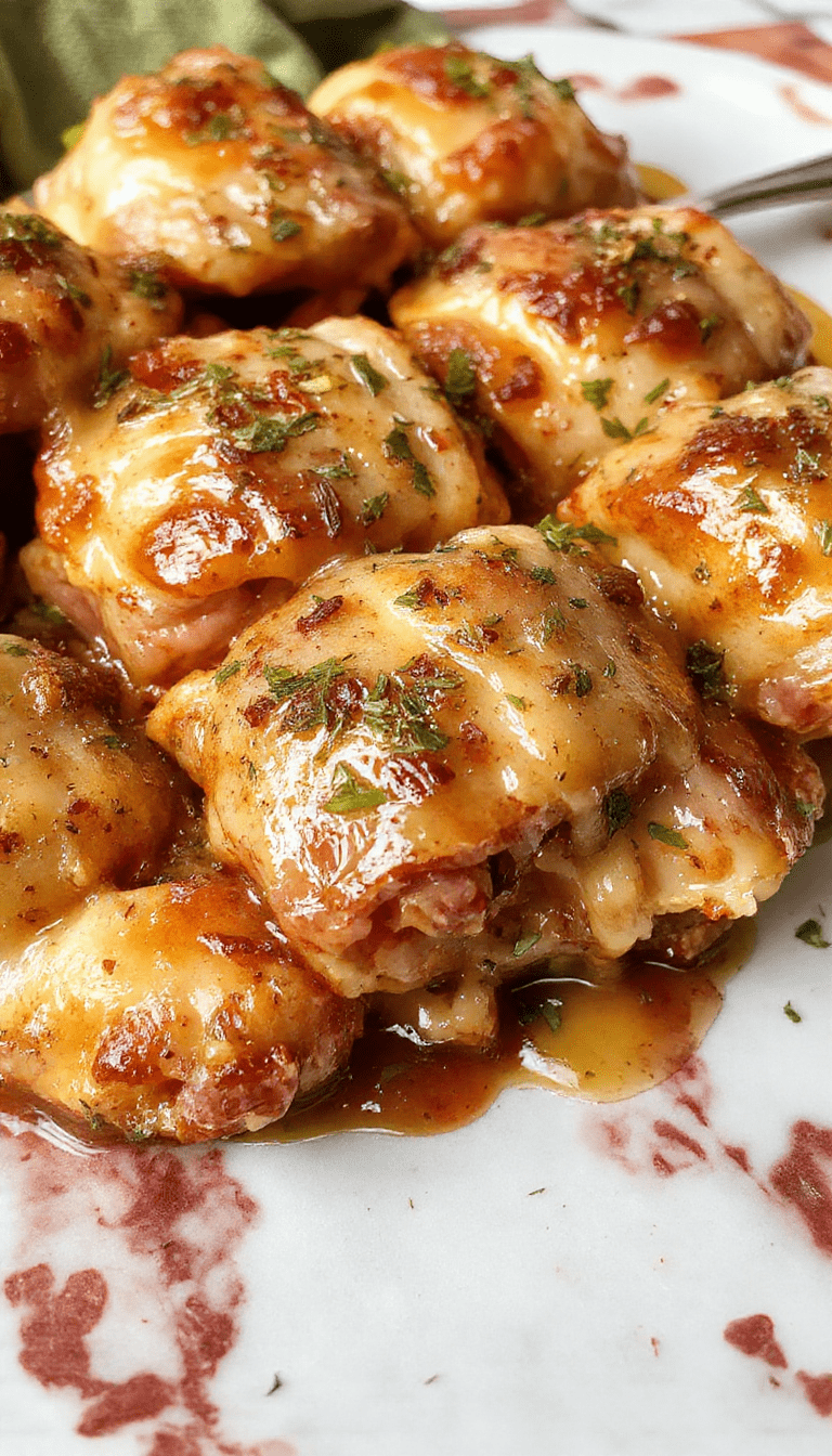 Golden-brown pigs in a blanket arranged on a white plate, drizzled with melted cheese, garnished with fresh herbs, styled on a rustic wooden table