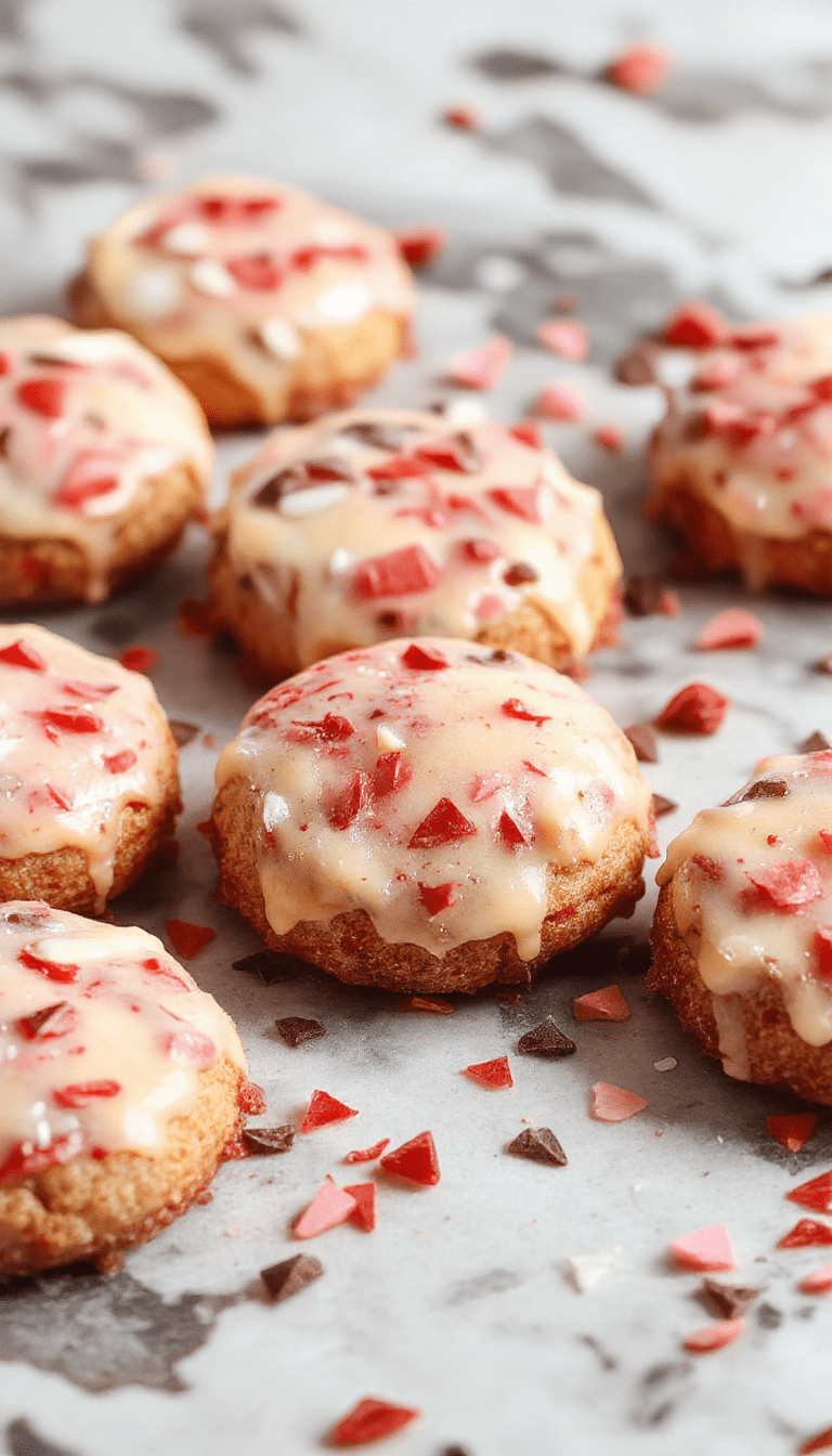 A close-up of Valentine's ganache cookies arranged on a romantic pink plate, decorated with glossy chocolate ganache drizzled over heart-shaped cookies, set against a soft pastel background with scattered rose petals and shimmering gold accents, highlighting their shiny texture and festive appearance.