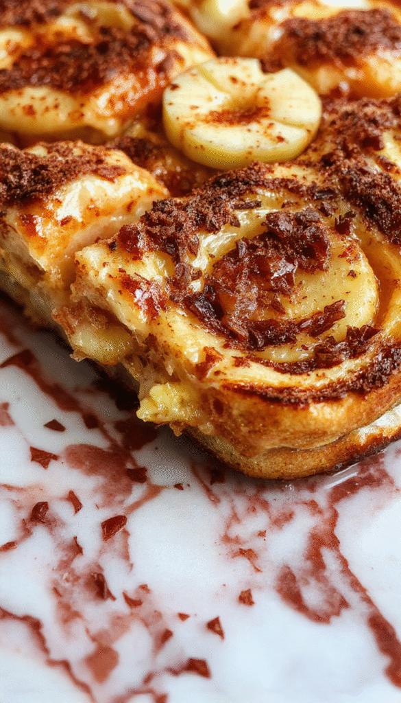 A vibrant baking dish filled with golden brown French toast topped with caramelized cinnamon apples, garnished with powdered sugar and a sprig of fresh mint, styled on a rustic wooden table with a cozy brunch setting.