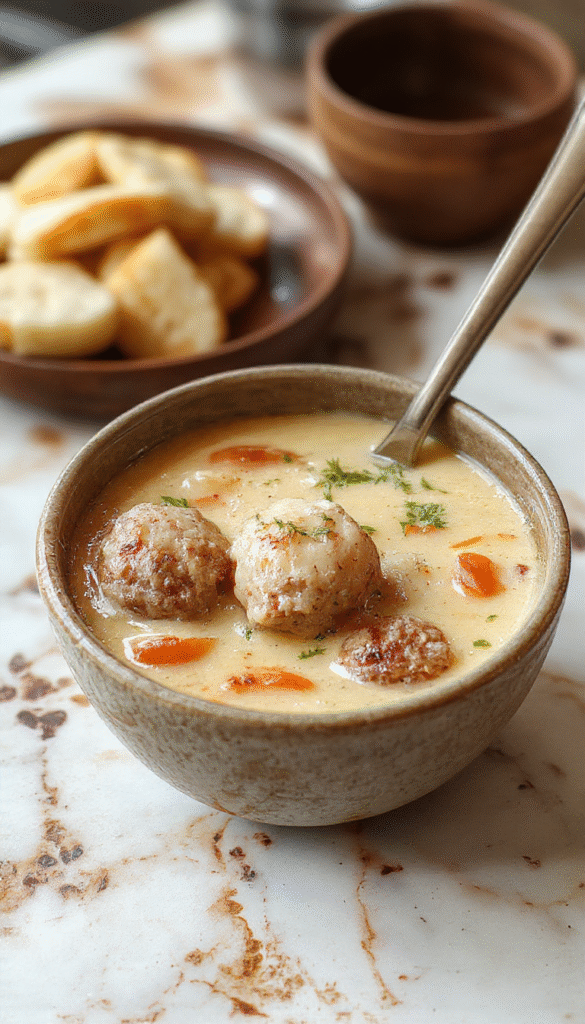 A steaming bowl of Swedish meatball soup garnished with fresh parsley, featuring tender meatballs nestled in a creamy broth with vegetables and herbs, served on a rustic wooden table with a spoon and bread in the background.