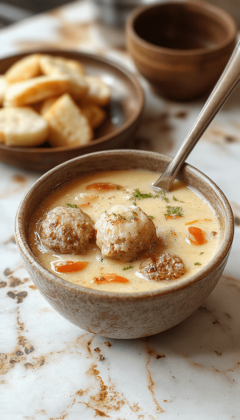 A steaming bowl of Swedish meatball soup garnished with fresh parsley, featuring tender meatballs nestled in a creamy broth with vegetables and herbs, served on a rustic wooden table with a spoon and bread in the background.