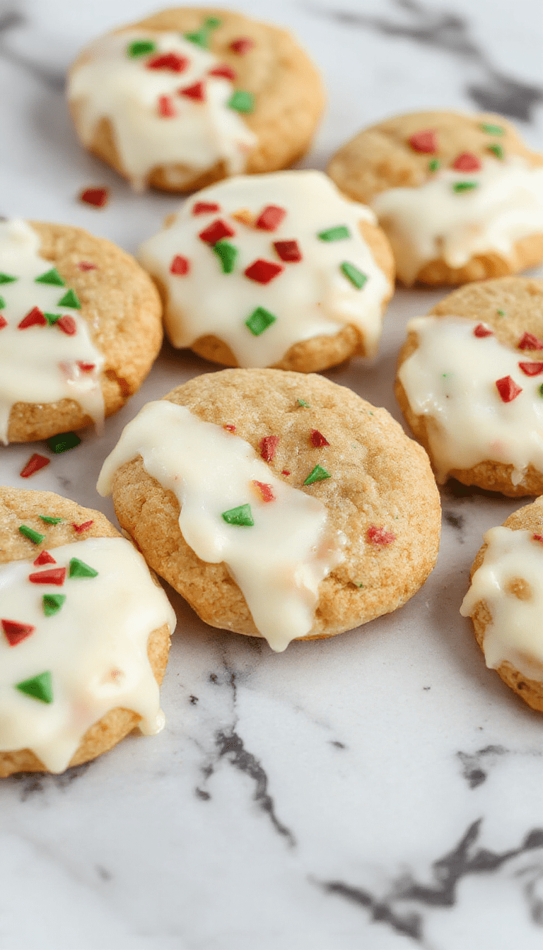 A beautifully plated set of chewy maple cookies dipped in glossy white chocolate, garnished with tiny maple leaves and sprinkles on a rustic wooden surface with holiday decor in the background, showcasing rich textures and festive colors.