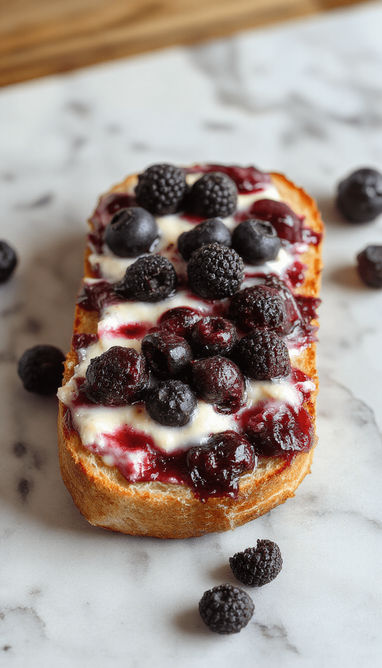 A sliced loaf of blueberry cream cheese bread with swirls of cream cheese and blueberries visible inside, topped with fresh blueberries and a dusting of powdered sugar, displayed on a rustic wooden platter with sprigs of fresh herbs and a glass of milk in the background.