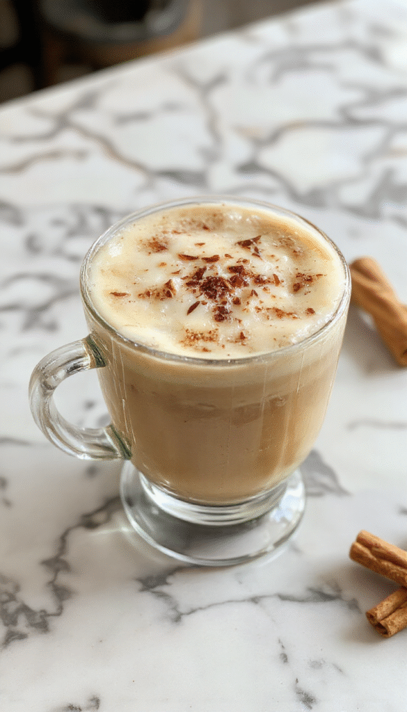 A close-up of a creamy vanilla cinnamon latte in a clear glass cup with a sprinkling of cinnamon on top, surrounded by vanilla pods and cinnamon sticks on a rustic wooden coffee table, styled with a cozy background featuring a warm kitchen setting and soft natural lighting.